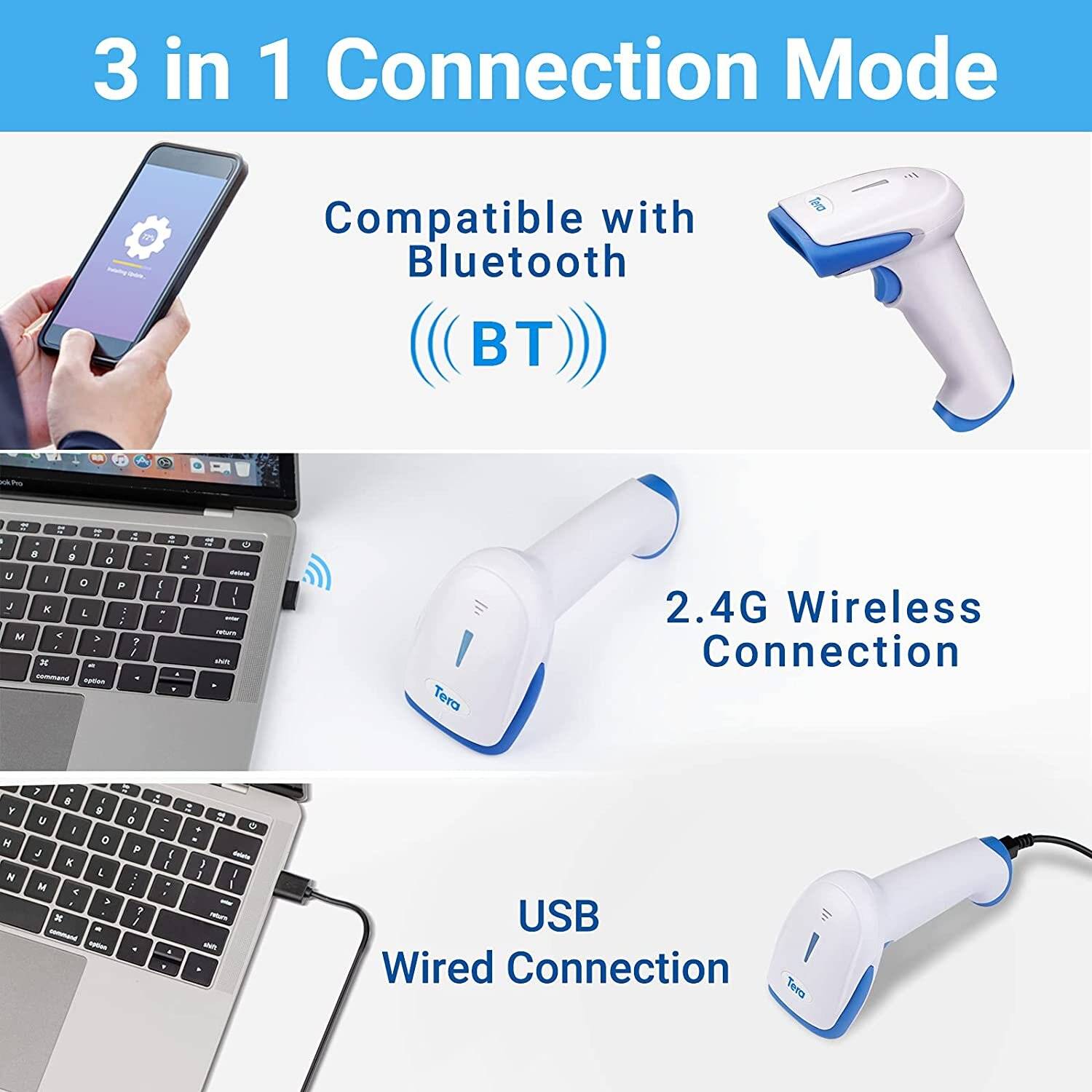 Tera Barcode Scanner 2.4 GHz/Bluetooth/USB 2000mAh Akku /Kabel/Ständer, HW0002 Weiß und Blau-2