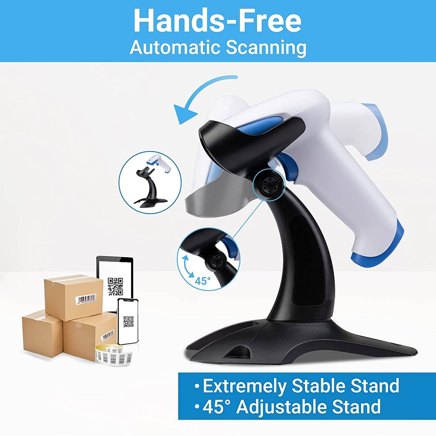Tera Barcode Scanner 2.4 GHz/Bluetooth/USB 2000mAh Akku /Kabel/Ständer, HW0002 Weiß und Blau-3