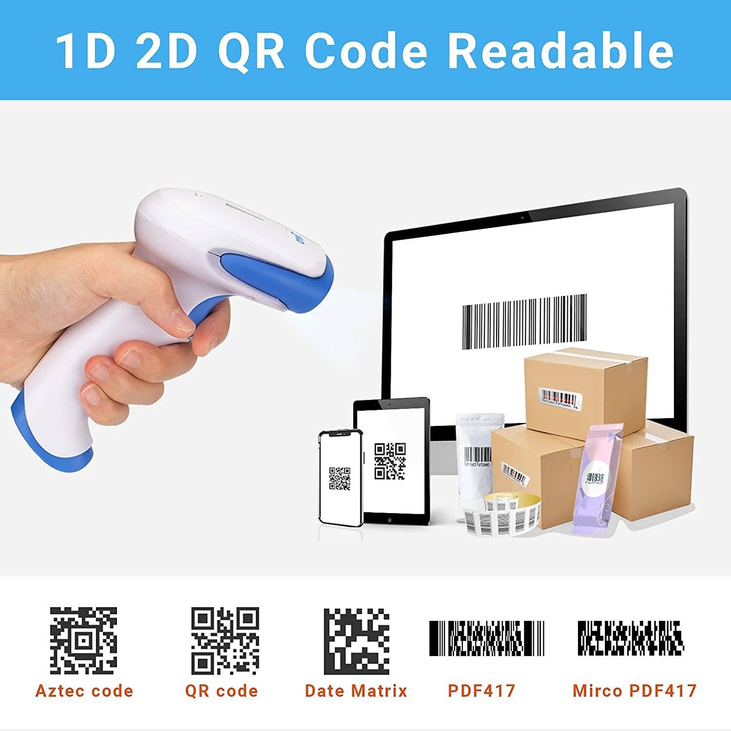 Tera Barcode Scanner 2.4 GHz/Bluetooth/USB 2000mAh Akku /Kabel/Ständer, HW0002 Weiß und Blau-4