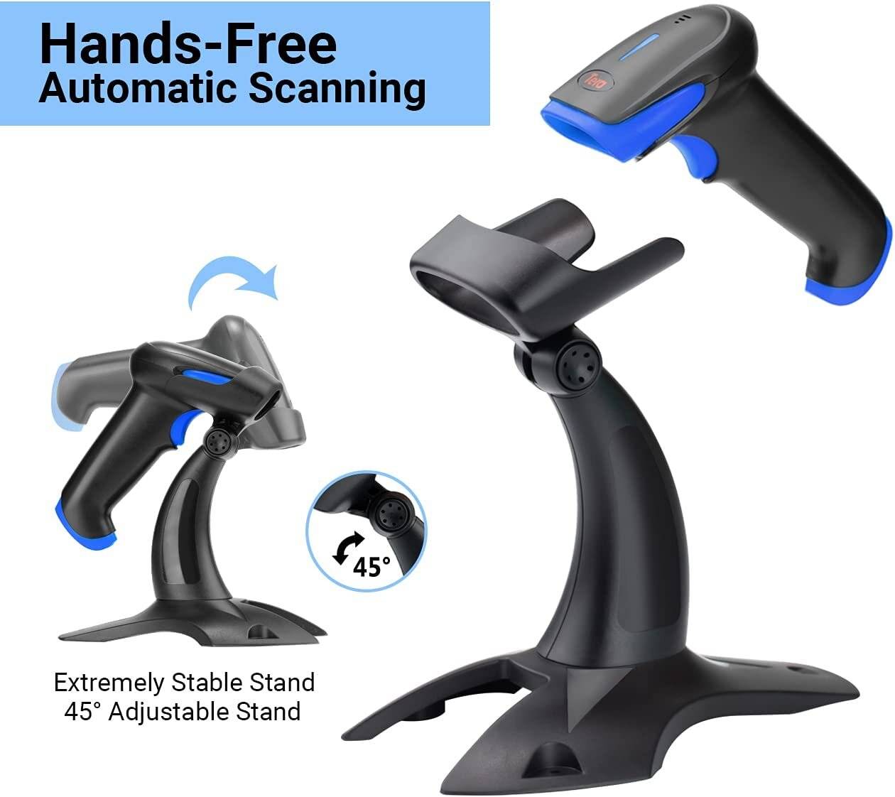 Tera Barcode Scanner 2D 1D Bluetooth USB Kabelgebunden 2000mAh Akku /Kabel/Ständer, HW0002 Blau-2
