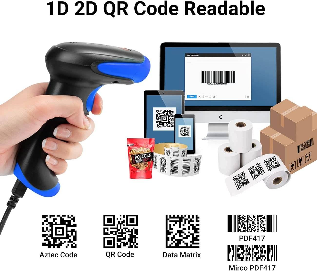 Tera Barcode Scanner 2D 1D Bluetooth USB Kabelgebunden 2000mAh Akku /Kabel/Ständer, HW0002 Blau-3
