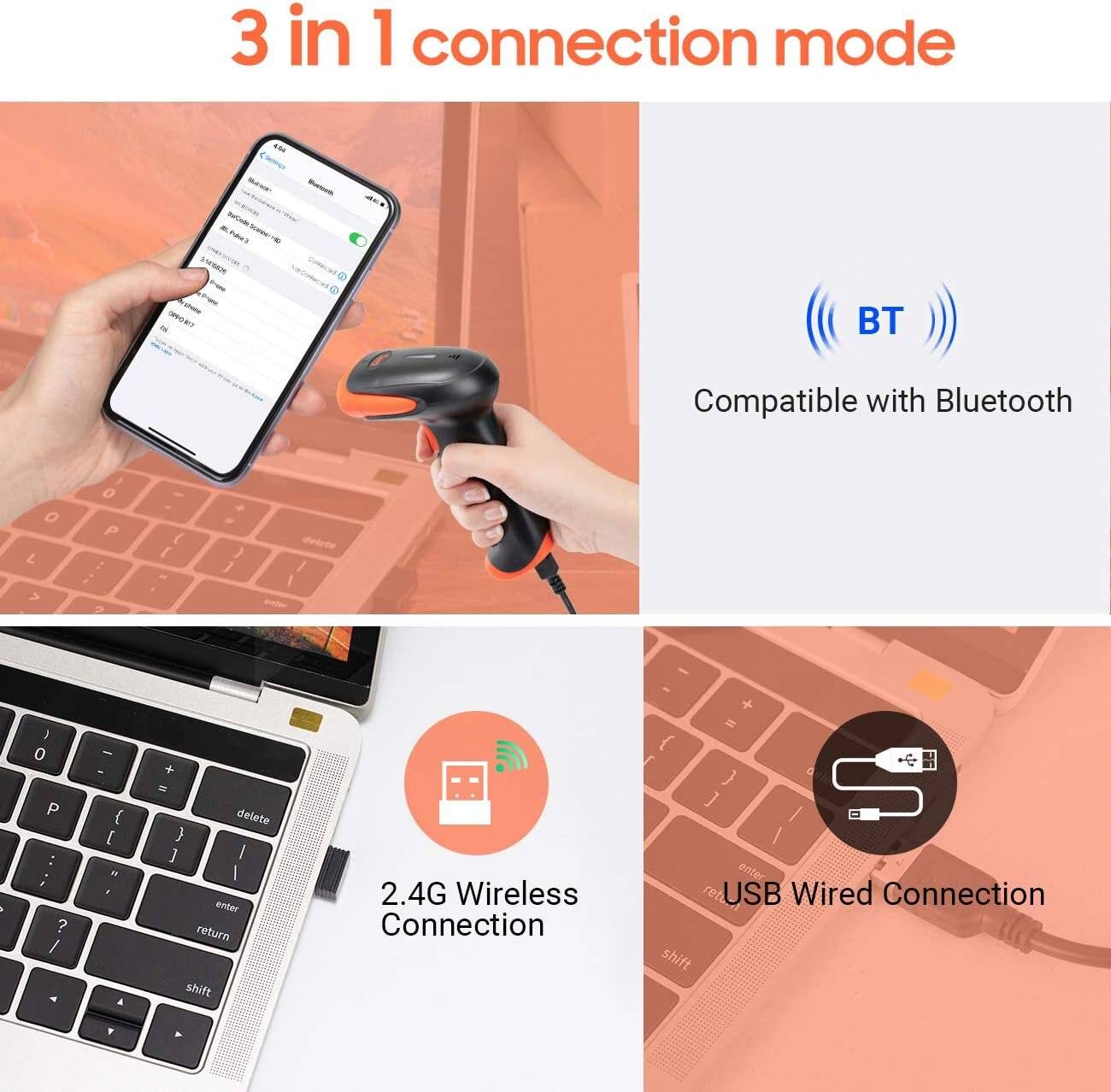 Tera Barcode Scanner 2D 1D 2.4 GHz/Bluetooth/USB2000mAh Akku /Kabel/Ständer, HW0002 Koralle-1