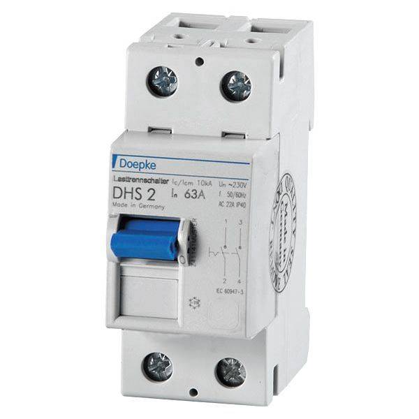 Leitungsschutzschalter der Marke Doepke, Modell DHS 2, 63A, für Wechselstrom bis 250V. Zeigt technische Informationen und Schraubklemmen.