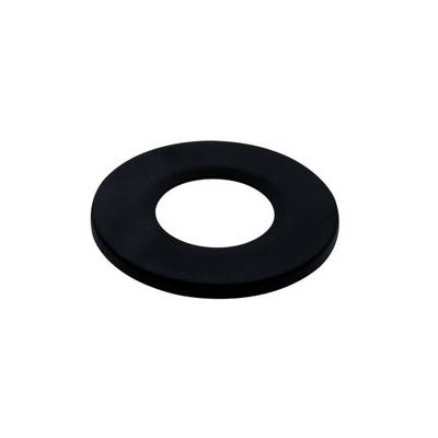 Eine schwarze, flache Gummischeibe mit einem Loch in der Mitte. Verwendet als Unterlage oder Abstandshalter in technischen Anwendungen.