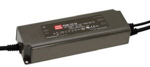 Ein rechteckiger, schwarzer LED-Treiber mit Kabeln an beiden Enden. Auf dem Gehäuse befinden sich technische Spezifikationen.