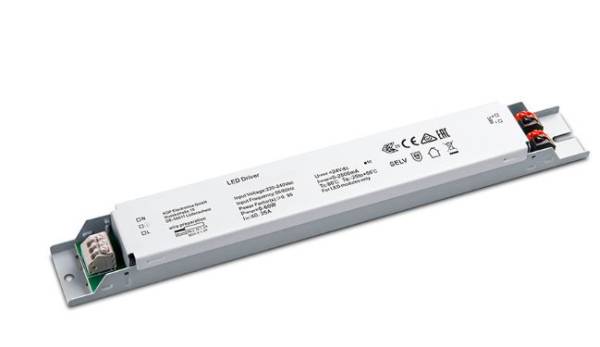 LED-Treiber, rechteckig und schlank, mit weißen Gehäuse und mehreren Anschlüssen, zeigt technische Spezifikationen und Sicherheitszeichen.