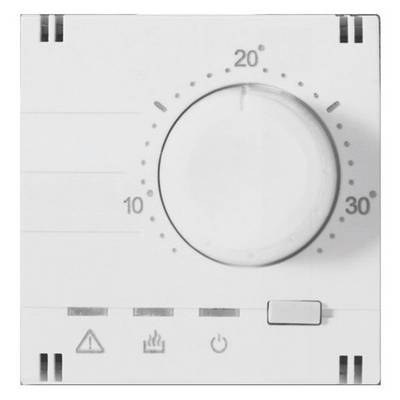 Ein Thermostat mit einem Drehregler zeigt Temperaturen von 10 bis 30 Grad Celsius. Symbole darunter: Warnung, Heizung, Strom.