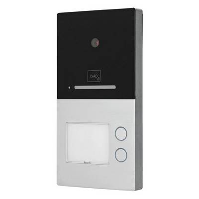 Schwarz-silberne Gegensprechanlage mit Kamera und Kartensensor. Zwei steuerbare Tasten befinden sich unten rechts.