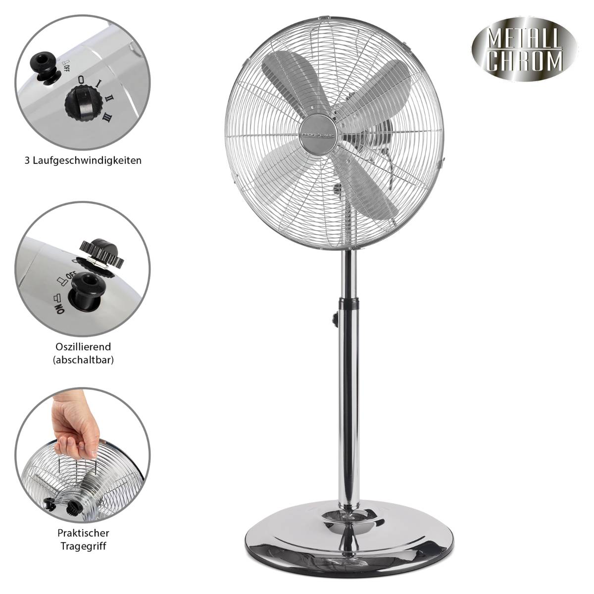 Profi-Care PC-VL 3064 MS Standventilator 50 W (Ø x H) 400 mm x 1240 mm Chrom Oszillierend, Höhenverstellbar-1