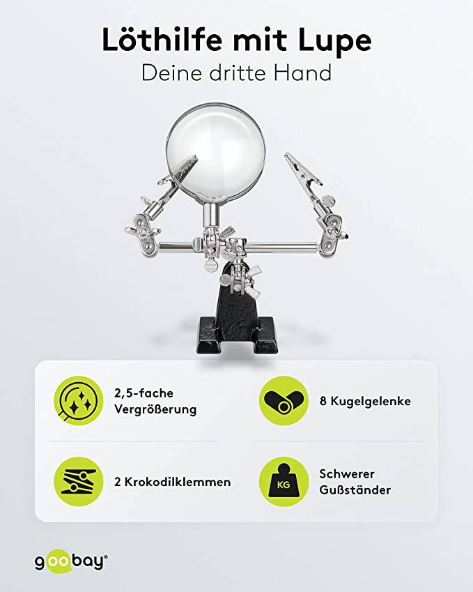 Goobay 51199 Dritte Hand mit 2,5 fach Lupe Löthalterung als Löthilfe Helfende Hände Platinenhalter mit Krokodilklemmen-1