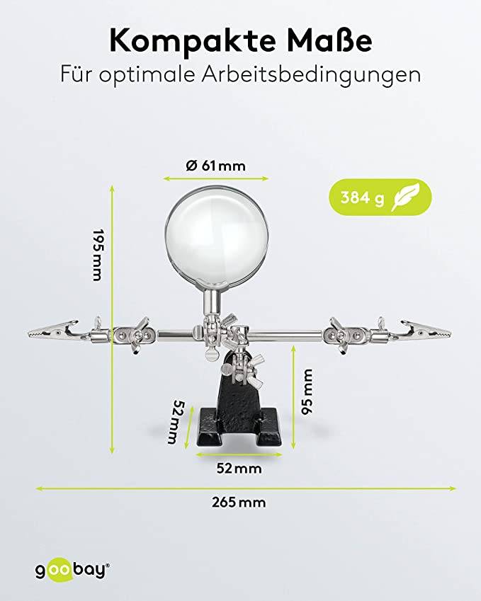 Goobay 51199 Dritte Hand mit 2,5 fach Lupe Löthalterung als Löthilfe Helfende Hände Platinenhalter mit Krokodilklemmen-2