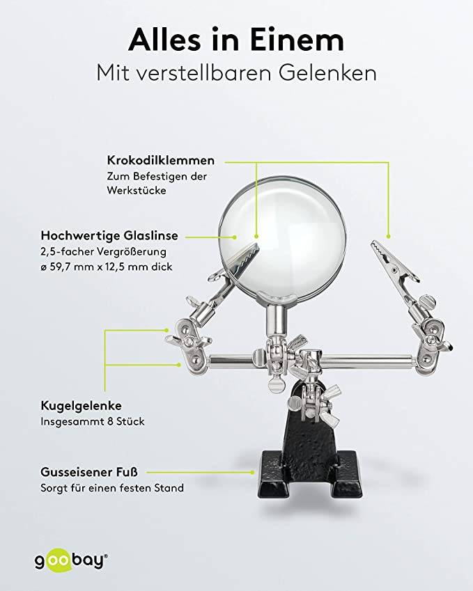 Goobay 51199 Dritte Hand mit 2,5 fach Lupe Löthalterung als Löthilfe Helfende Hände Platinenhalter mit Krokodilklemmen-3