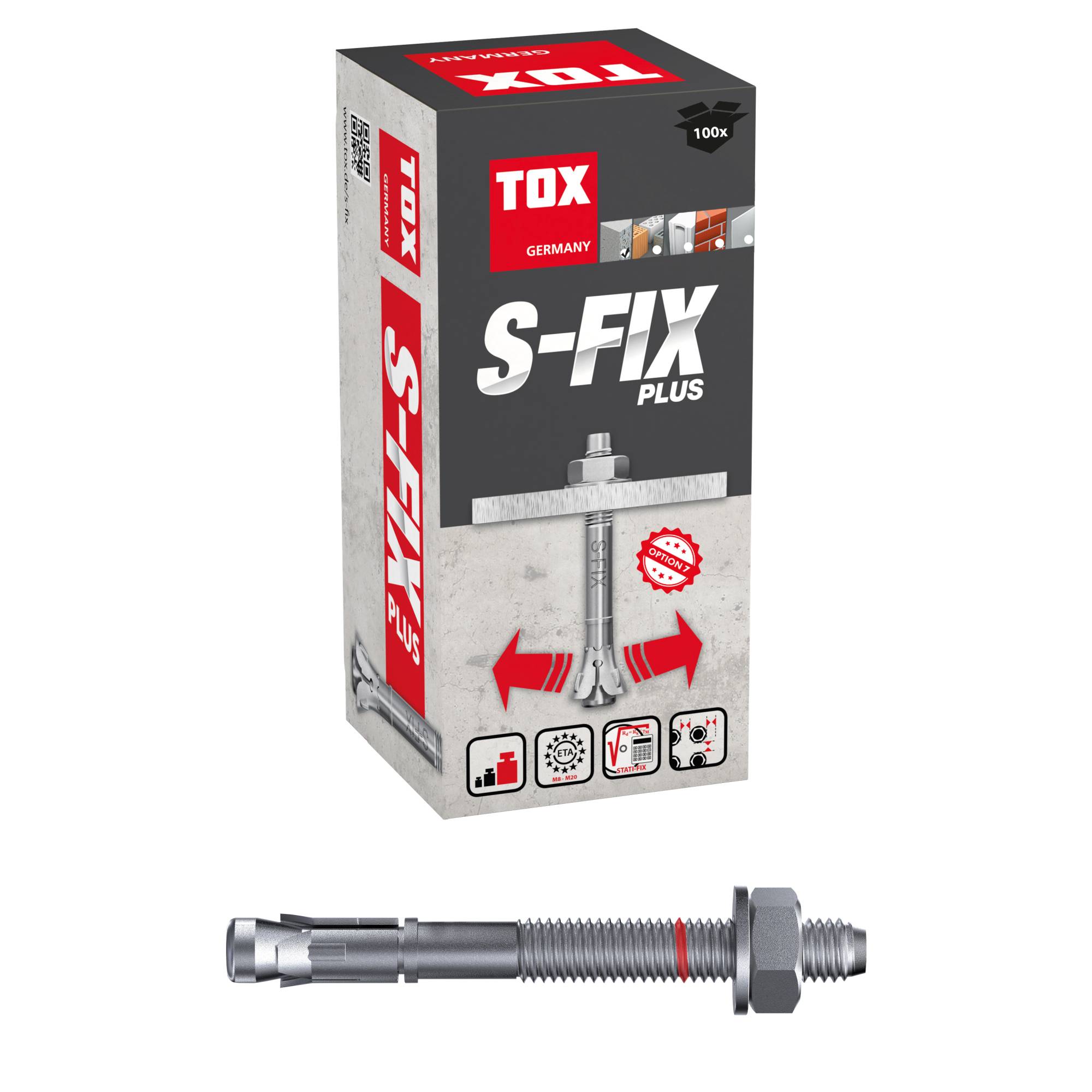 TOX Bolzenanker S-Fix Plus ETA-Zulassung Option 7 Stahl verzinkt M8x75/5+18 mm - 100 Stück-1
