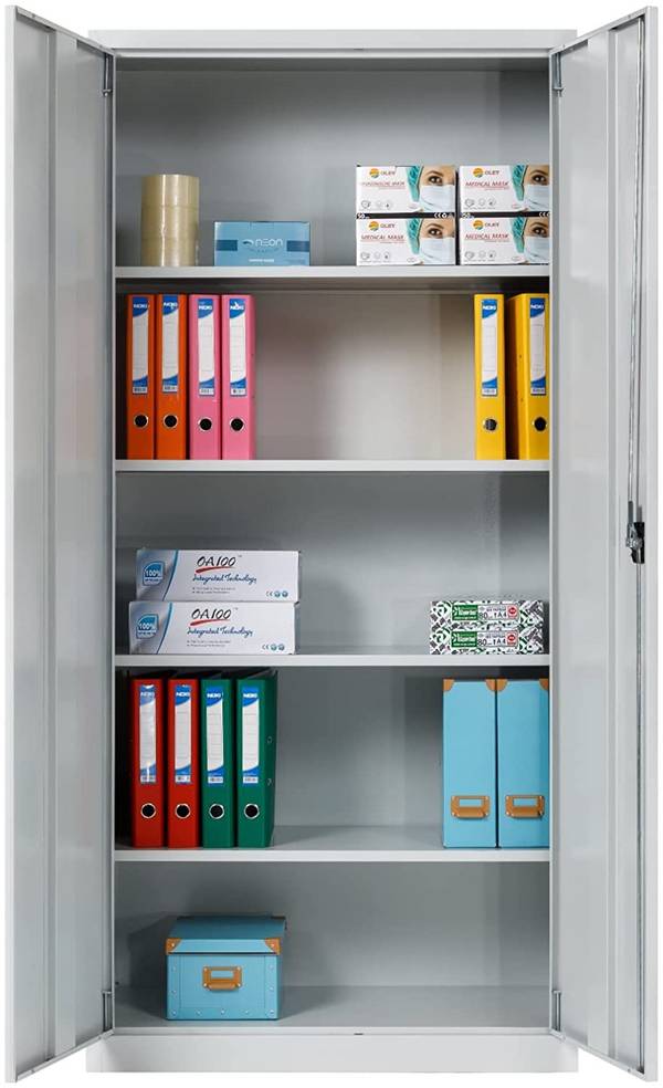 Aktenschrank, fertig montiert,195x92,5x42cm, Stahlflügeltürschrank, Abschließbar, Universalschrank mit 5 Fächern, grau