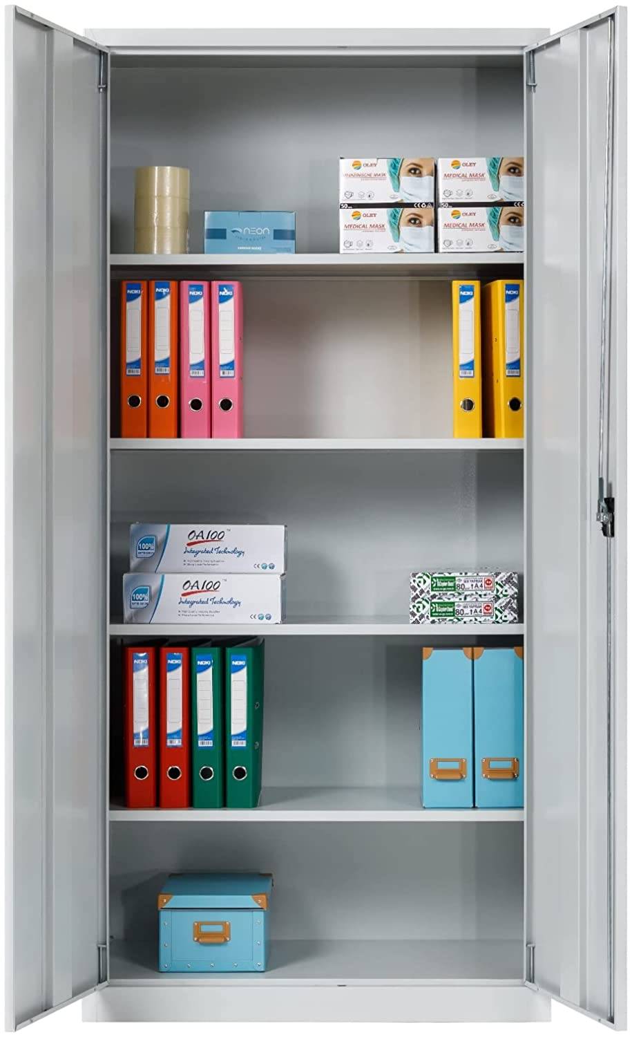 Aktenschrank, fertig montiert,195x92,5x42cm, Stahlflügeltürschrank, Abschließbar, Universalschrank mit 5 Fächern, grau-0