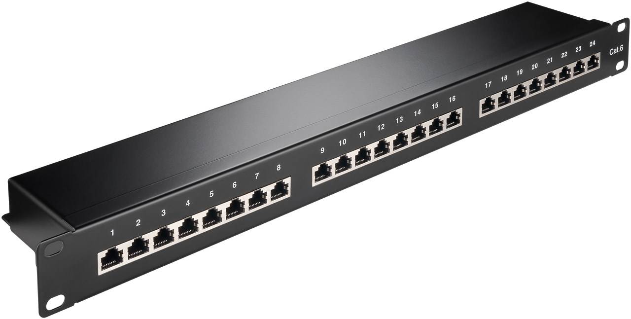 Goobay 93048 CAT 6 Patch Panel 24 Port 19 Zoll 1 HE RJ45 Buchsen Netzwerkkabel 250 MHz Patchfeld Verteilerfeld Schwarz-0