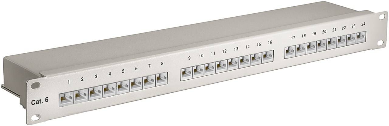 Goobay 94036 CAT 6 Patch Panel 24 Port 19 Zoll 1 HE RJ45 Buchsen Netzwerkkabel 250 MHz Patchfeld Verteilerfeld Grau-0