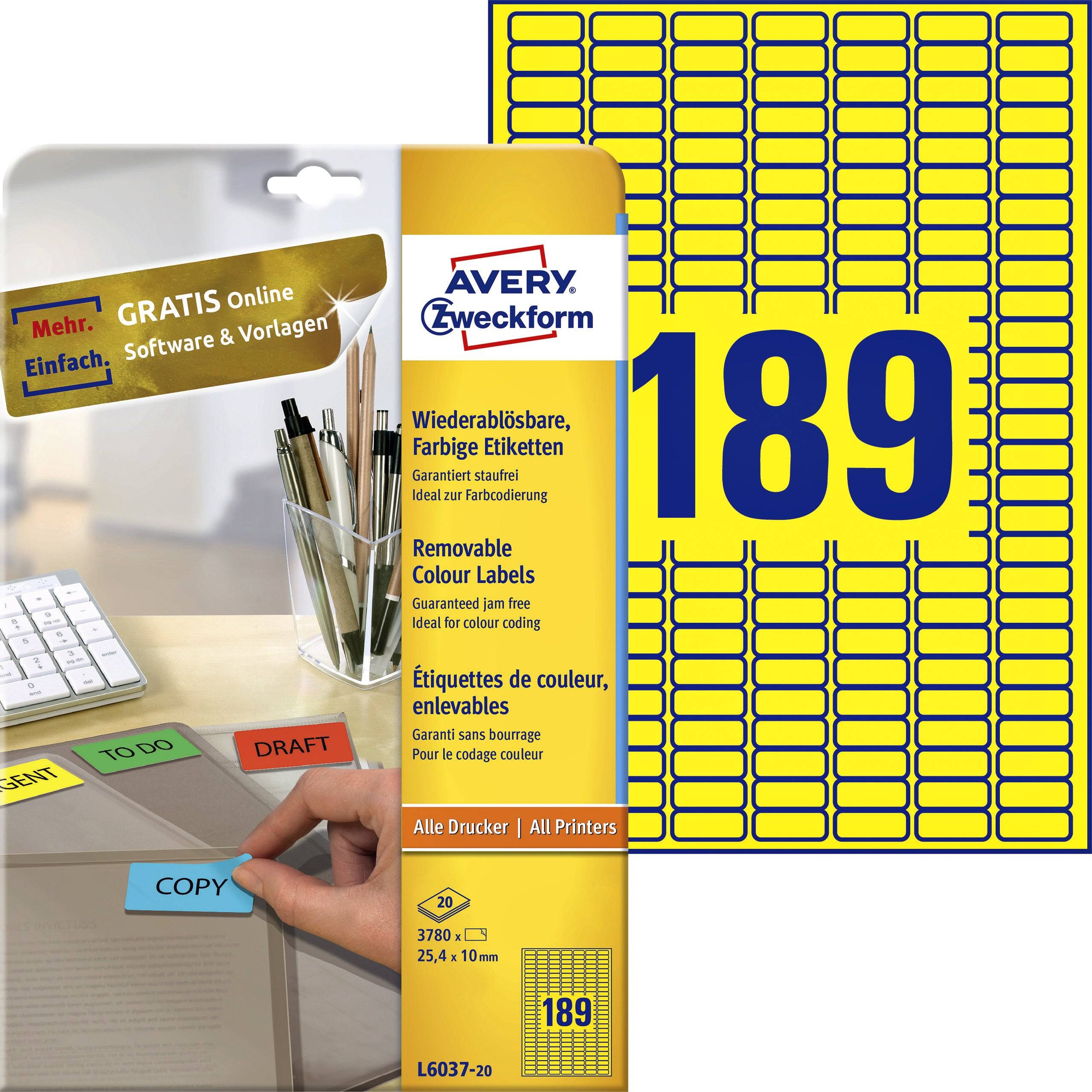 AVERY ZWECKFORM - Avery L6037 - Gelb - 10 x 25.4 mm 3780 Stck. (20 Bogen x 189)-3