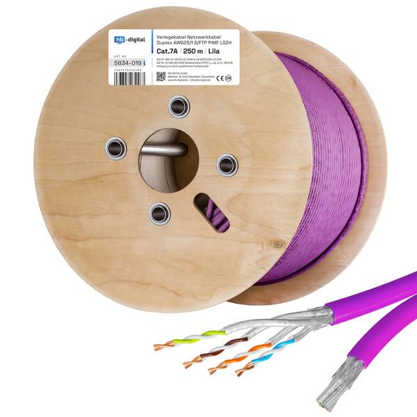hb-digital Netzwerkkabel CAT 7a Duplex 250m max. 1200 MHz S/FTP AWG23 LSZH lila