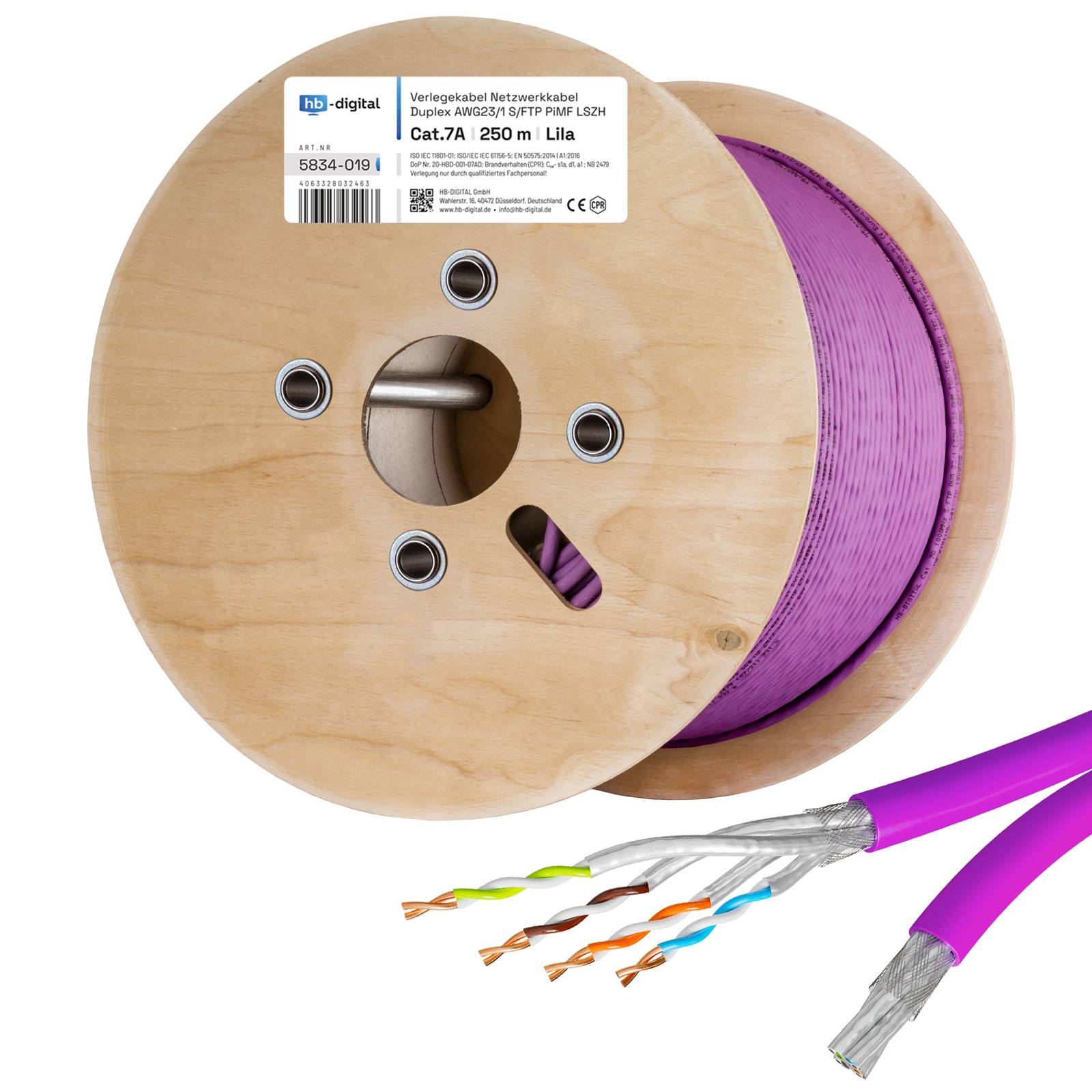 hb-digital Netzwerkkabel CAT 7a Duplex 250m max. 1200 MHz S/FTP AWG23 LSZH lila-0