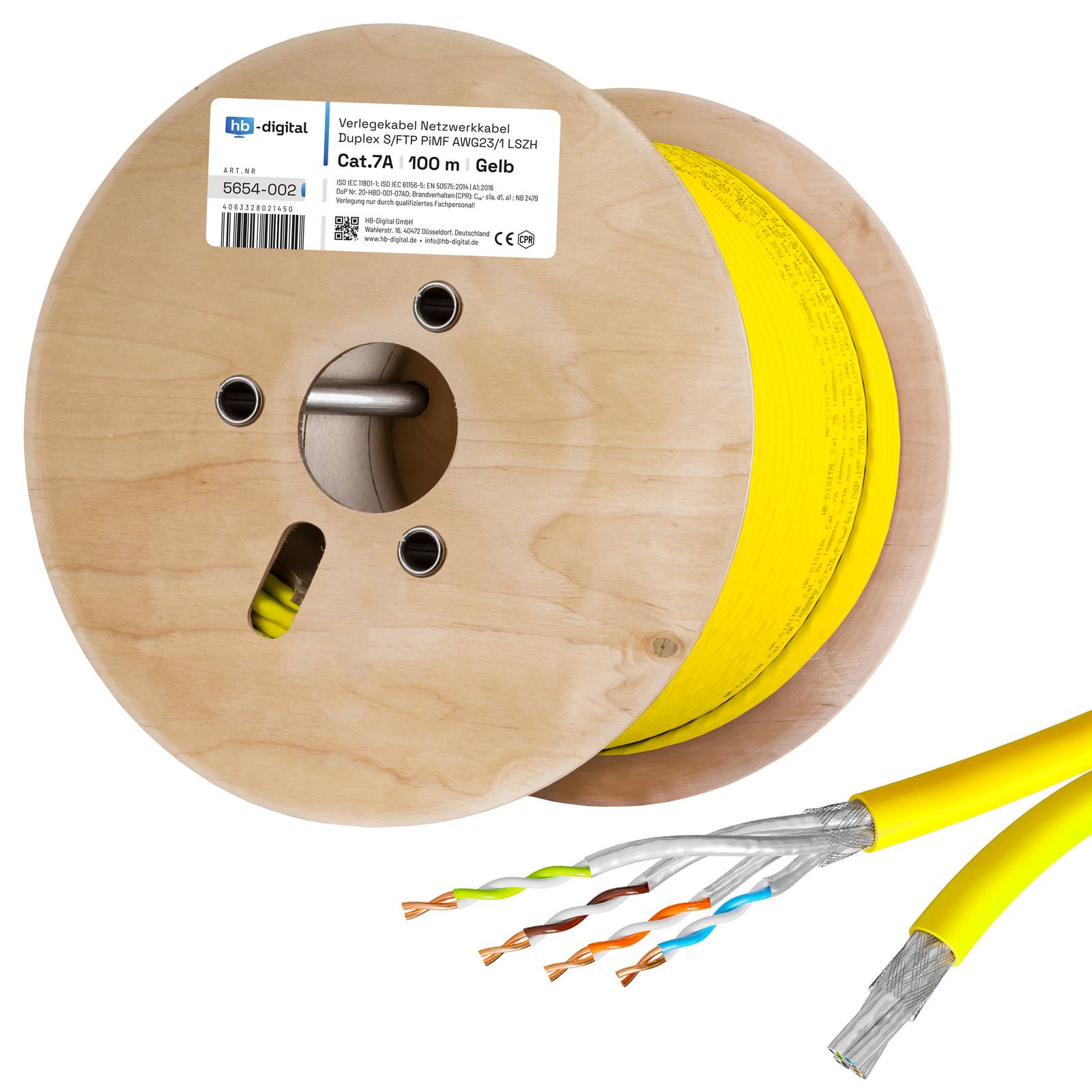 hb-digital Netzwerkkabel 100m Duplex CAT 7a Kabel max. 1200 MHz S/FTP AWG23 LSZH gelb