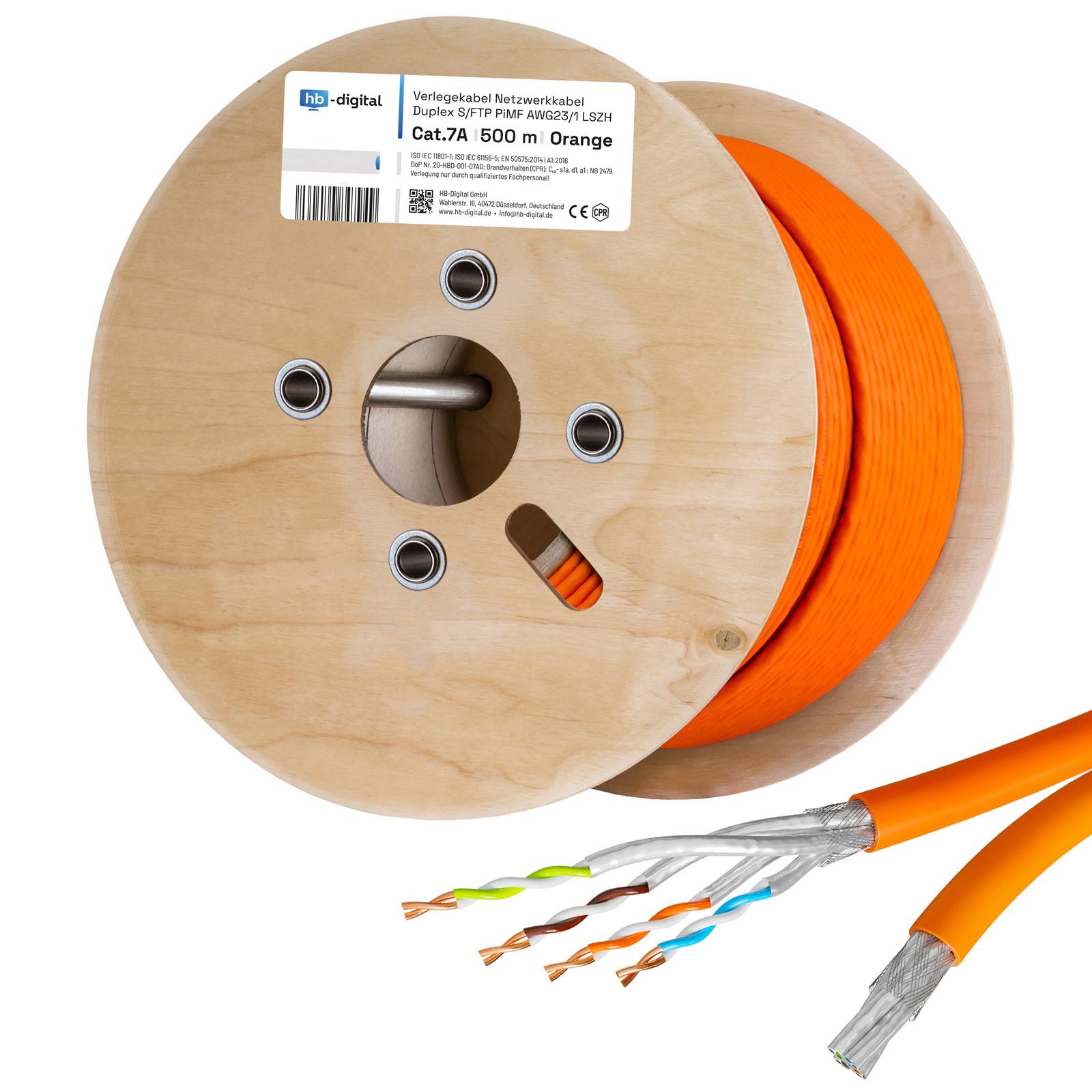 hb-digital Netzwerkkabel CAT 7a Duplex 500m Verlegekabel max. 1200 MHz S/FTP AWG23 LSZH orange-0