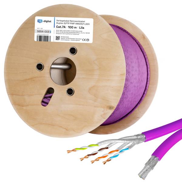 hb-digital Netzwerkkabel Duplex 100m CAT 7a Kabel max. 1200 MHz S/FTP AWG23 LSZH lila