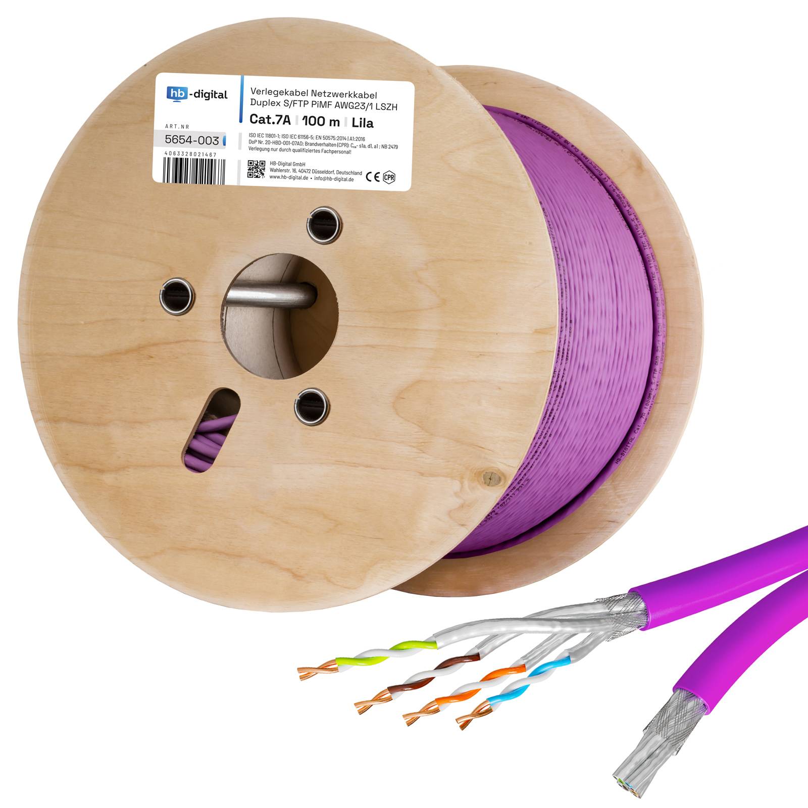hb-digital Netzwerkkabel Duplex 100m CAT 7a Kabel max. 1200 MHz S/FTP AWG23 LSZH lila-0