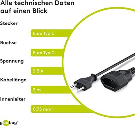 Goobay 50508 Euro Netzkabel Verlängerung 2 polig Stromkabel Eurostecker Typ C Eurokabel Verlängerungskabel Schwarz 3m-5