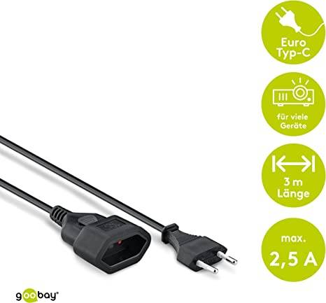 Goobay 50508 Euro Netzkabel Verlängerung 2 polig Stromkabel Eurostecker Typ C Eurokabel Verlängerungskabel Schwarz 3m-1