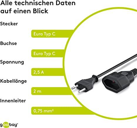 Goobay 51355 Euro Netzkabel Verlängerung 2 polig Stromkabel Eurostecker Typ C Eurokabel Verlängerungskabel Schwarz 2m-5