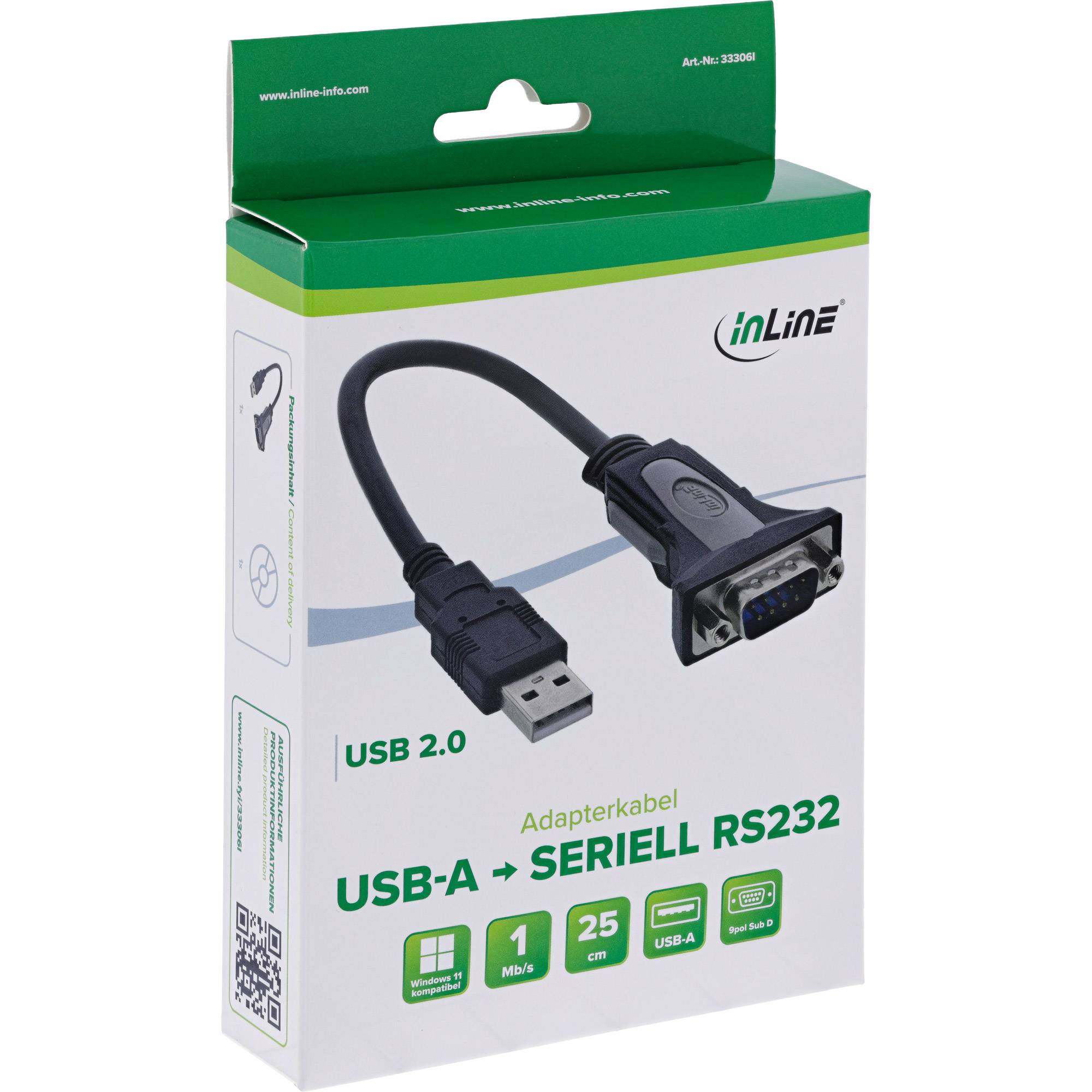 InLine® USB 2.0 zu Seriell Adapterkabel, USB A an 9pol Sub D Stecker, 0,25m-0