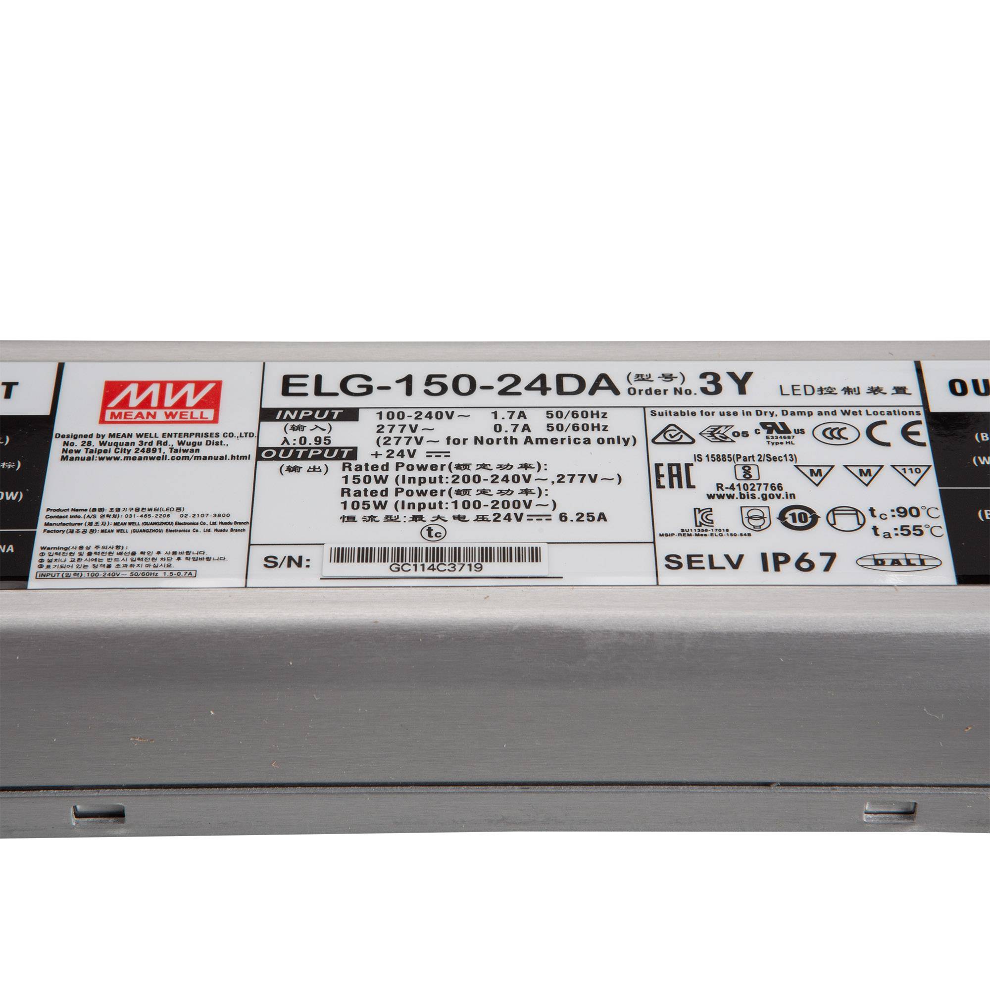Mean Well Dimmbar DALI ELG-150-24DA-3Y SNT 24V/DC/0-6,25 A/ 150W IP67-1