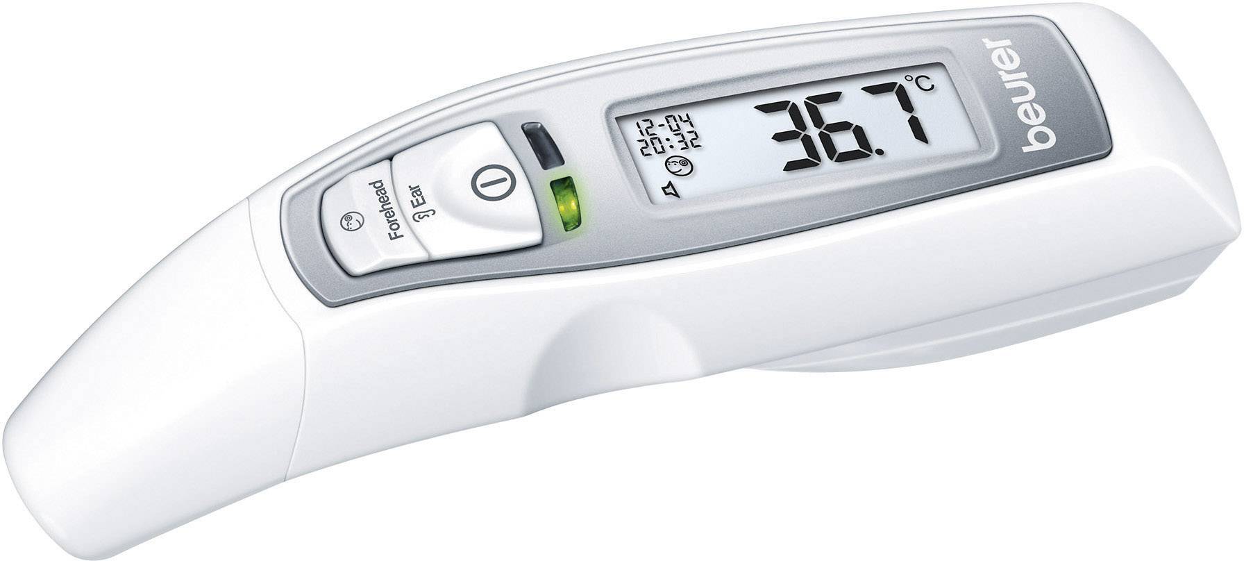 Ein digitales Thermometer zeigt 36,7 Grad Celsius an. Es hat eine LCD-Anzeige und ist ergonomisch gestaltet.