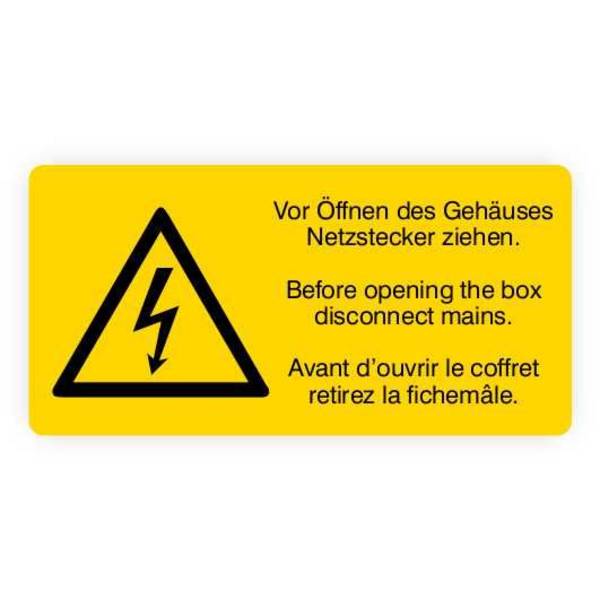Warnaufkleber, Vor Öffnen Netzstecker ziehen, 3-sprachig, Folie, 74 x 37 mm, 10 St./ Bog