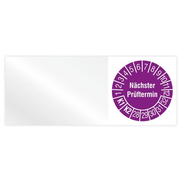 Kabelprüfplakette, Nächster Prüftermin K1/K2, Jahr 2028 - 2032, Vinylfolie, 50 x 20 mm, Heft
