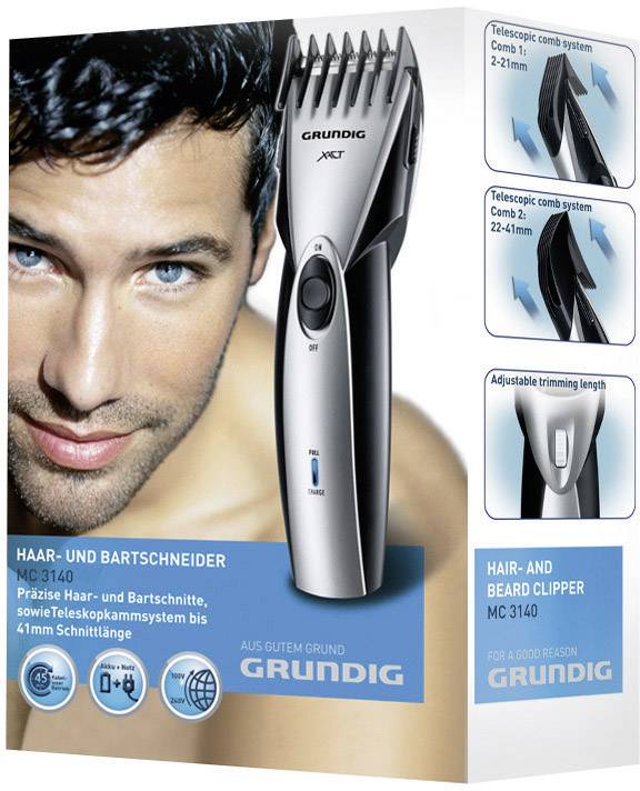 Person mit Bartschneider auf Verpackung. Text: 'Haar- und Bartschneider MC 3140'. Funktionen: Teleskopsystem, einstellbare Länge.