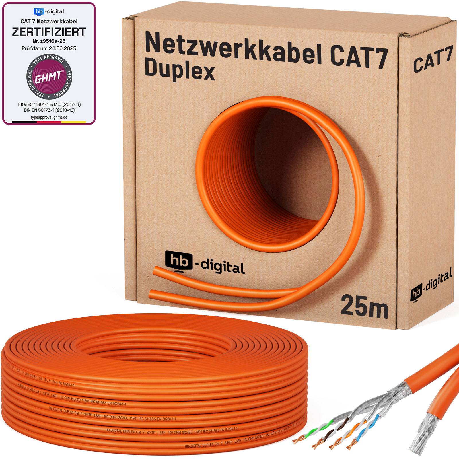 hb-digital CAT 7 Verlegekabel Duplex 25m Installationskabel S/FTP AWG23 LSZH orange-0