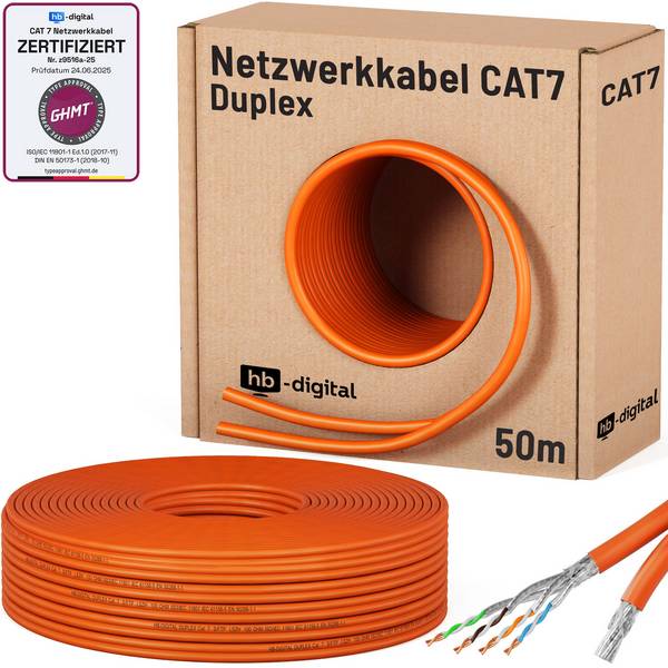 hb-digital Netzwerkkabel CAT 7 Duplex 50m S/FTP AWG23 LSZH orange