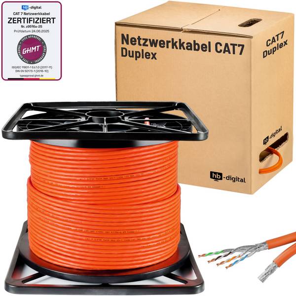 hb-digital CAT 7 Netzwerkkabel Duplex Ethernet 100m Datenkabel S/FTP AWG23 LSZH orange