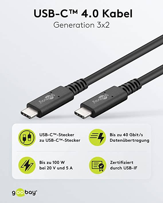 Goobay 60196 USB4 Kabel USB C auf USBC Datenkabel 40 Gbit/s Gen 3x2 Zertifiziert USB 4 Handy Ladekabel 100W Schwarz 0,8m-1