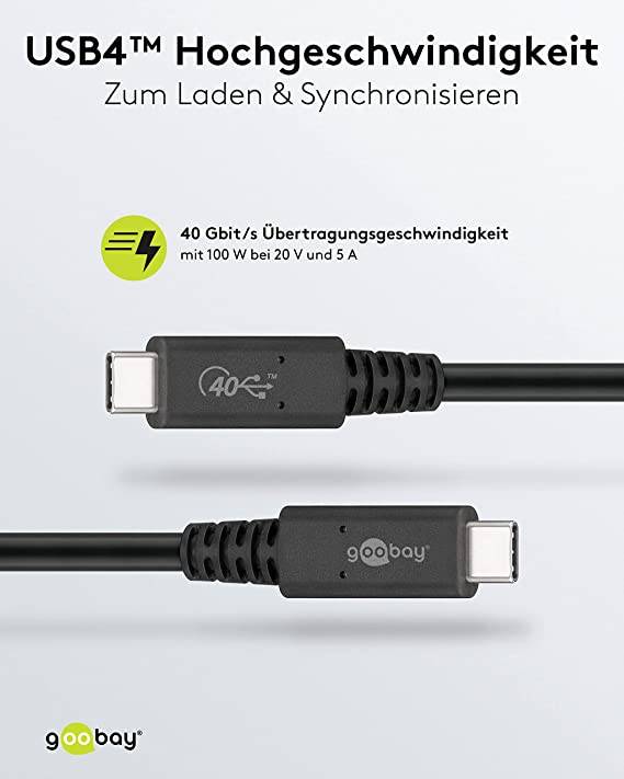 Goobay 60196 USB4 Kabel USB C auf USBC Datenkabel 40 Gbit/s Gen 3x2 Zertifiziert USB 4 Handy Ladekabel 100W Schwarz 0,8m-3