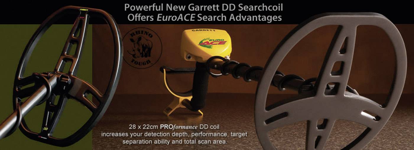 'Metalldetektor mit Garrett DD Suchspule, verbessert Tiefe, Leistung, Zieltrennung und Abdeckung. EuroACE Vorteile hervorgehoben.'
