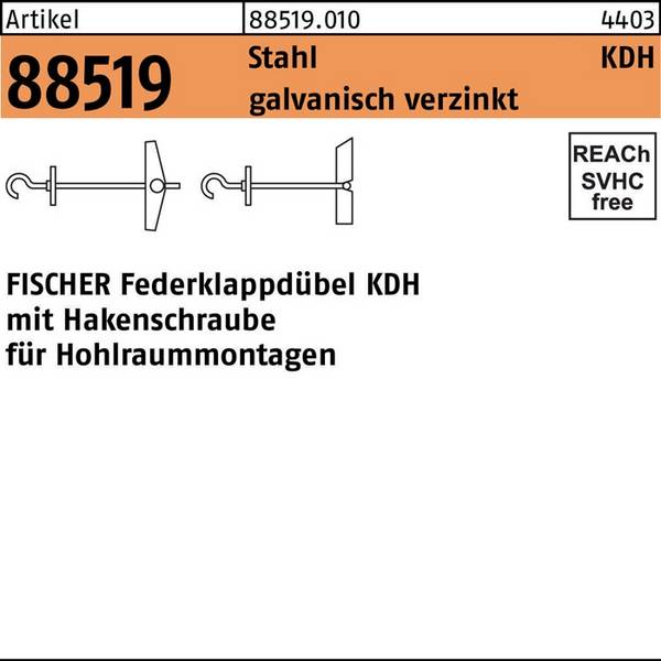 Klappdübel R 88519 Hakenschraube KDH 6x130 Stahl galv.verz. 20St FISCHER