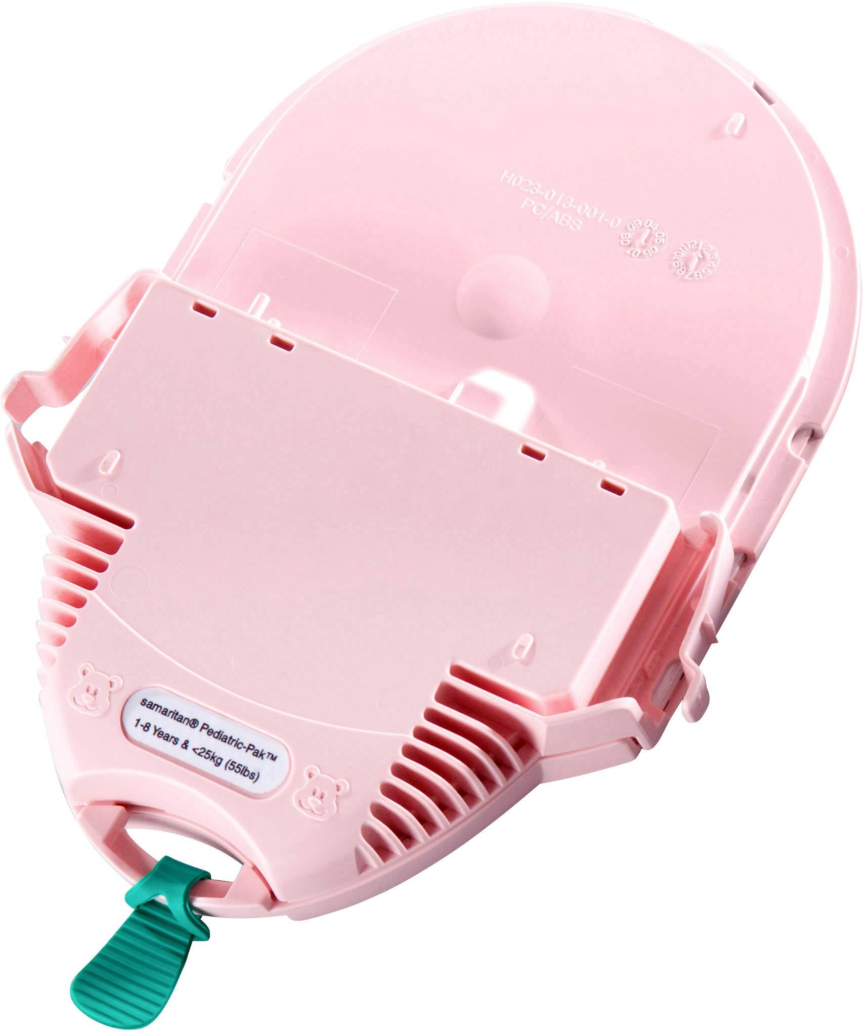 Ein rosa Inhalationsgerät mit grüner Lasche, das speziell für Kinder entwickelt ist.