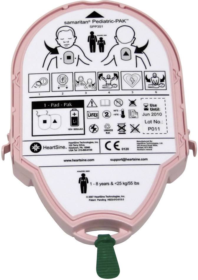 'Samaritan Pediatric-PAK' Illustration zeigt Elektrodenplatzierung am Körper eines Kindes für einen Defibrillator. Hinweise zur korrekten Anwendung und Sicherheitsinformationen sind enthalten.