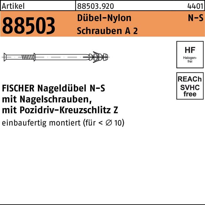 Nageldübel R 88503 N-S 8x 60/20 Schrauben A 2/Dübel-Nylon 50 Stück FISCHER-0