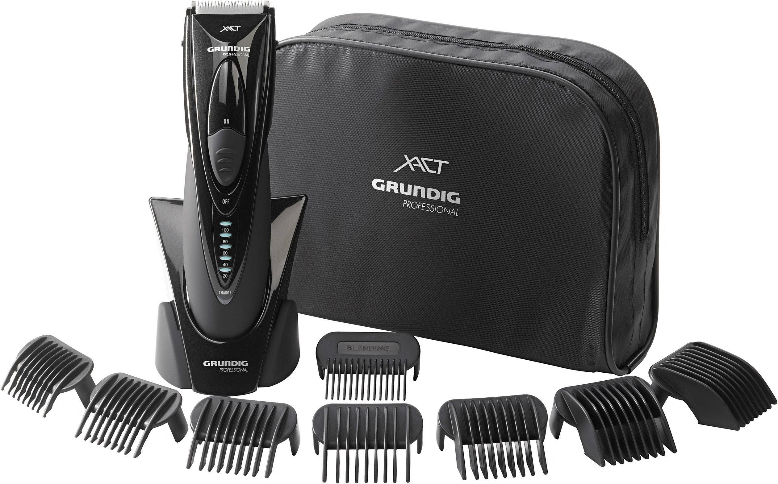 Haarschneidemaschine von Grundig mit verschiedenen Aufsätzen und schwarzer Tragetasche. Geeignet für vielseitige Haarschnitte.