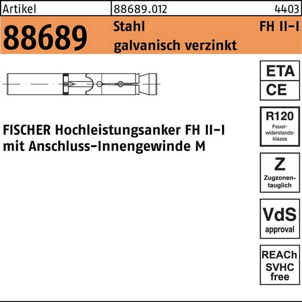 Hochleistungsanker R 88689 FH II 12/M 8 I Stahl galv.verz. 25St. FISCHER