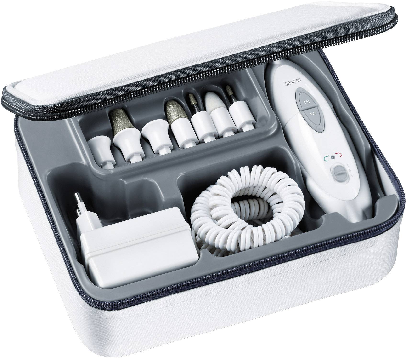 Ein weißes Etui mit elektrischer Nagelfeile, verschiedenen Aufsätzen und Ladegerät, organisiert in einem grauen Einsatz.